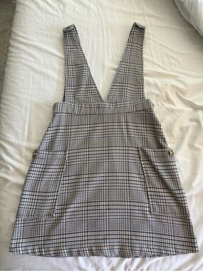 SO Plaid Pinafore Dress with Deep V Straps - Gray with blue, pink and green